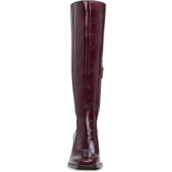 Women Burgundy Polyurethane Knee High Side Zipper Square Toe Block Heel Boots - Picture 7 of 9